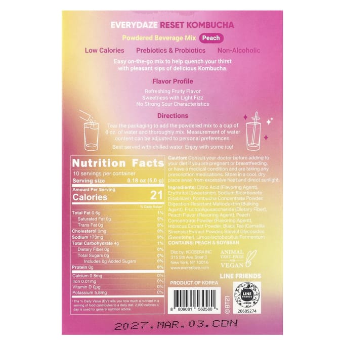 Reset Kombucha, Poederdrankmix, Perzik, 10 Zakjes, 5G (0,18 oz) Elk