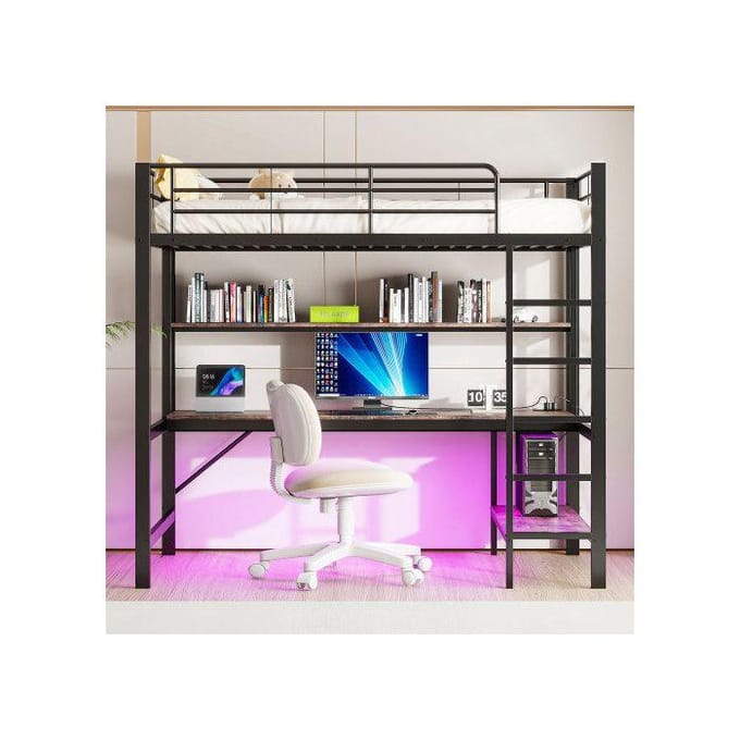 Lit enfant - MUVOE - Hochbett 90x200 cm - Métal et MDF - Éclairage LED - Prises USB intégrées noir