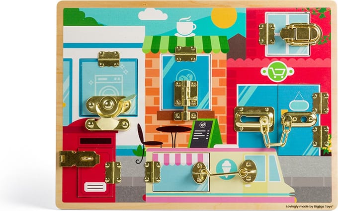 BigJigs educatief speelgoed Latches & Catches Board motoriek.