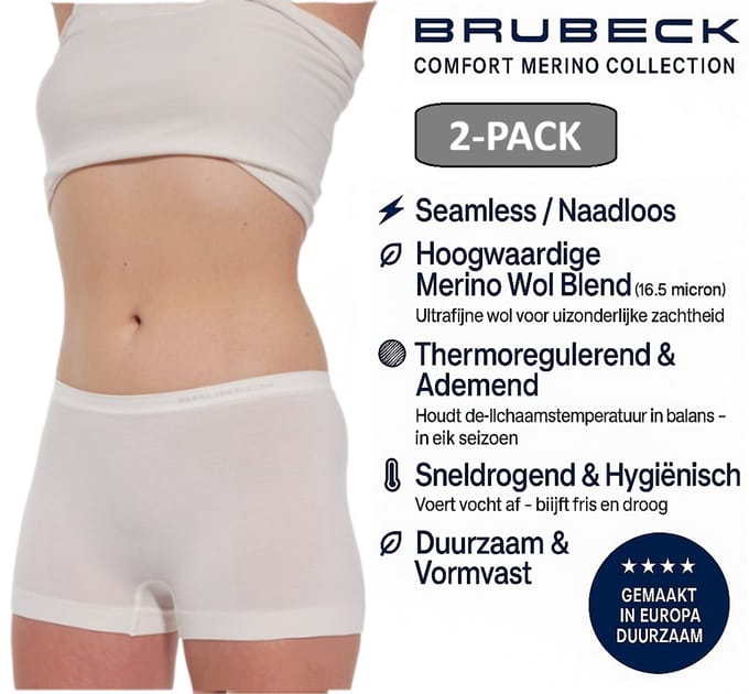 Brubeck Dames Boxershort – Merino Wol Blend Naadloos Ondergoed – 2 PACK - Crème – Maat M