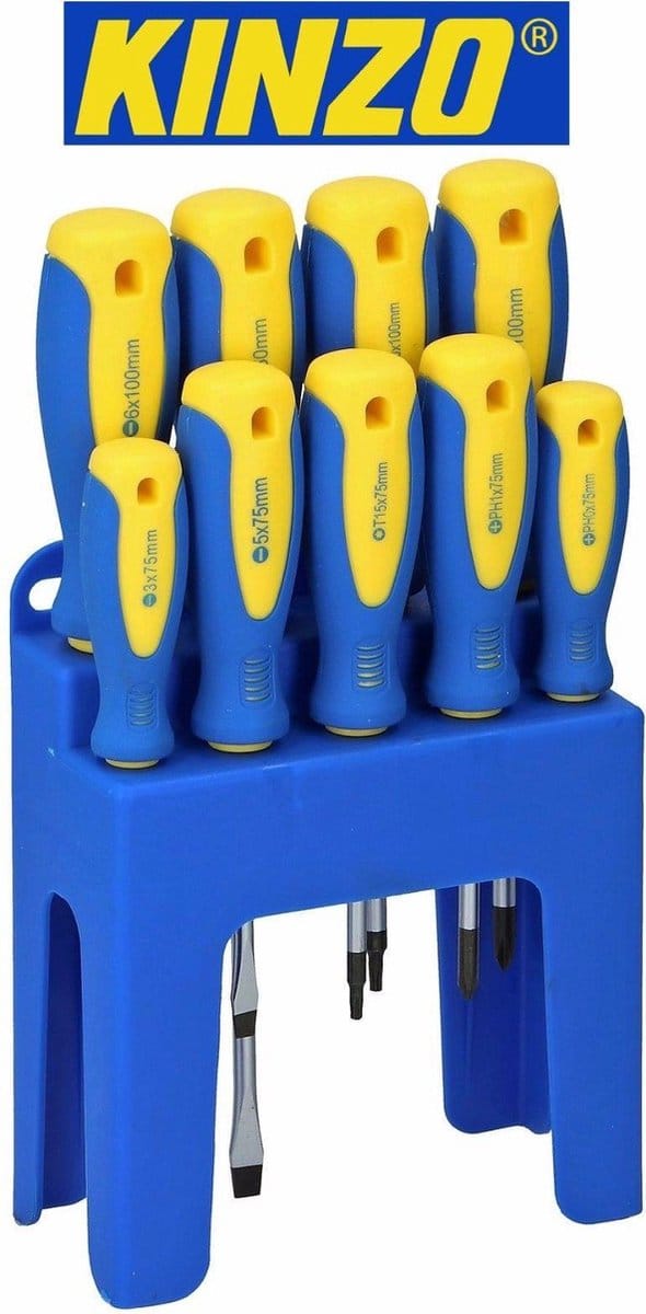Kinzo Schroevendraaierset + Houder - 9-delig - Magnetisch - Chroom-Vanadium - 2x Torx, 3x Phillips, 4x Platte Schroevendraaier