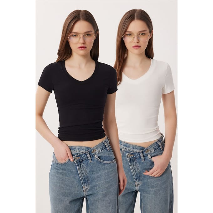 Basic V-Hals Katoenmengsel T-shirt