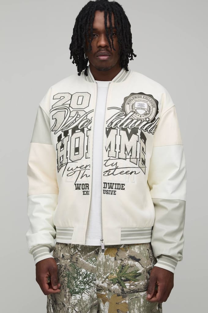 Tall Melton & PU Mixed Fabric Embellished Varsity Jacket | Ecru | Size Large
