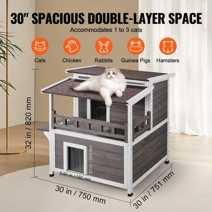 Maisonnette pour chat d'extérieur à 2 étages en bois pour chat errant avec balcon et toit