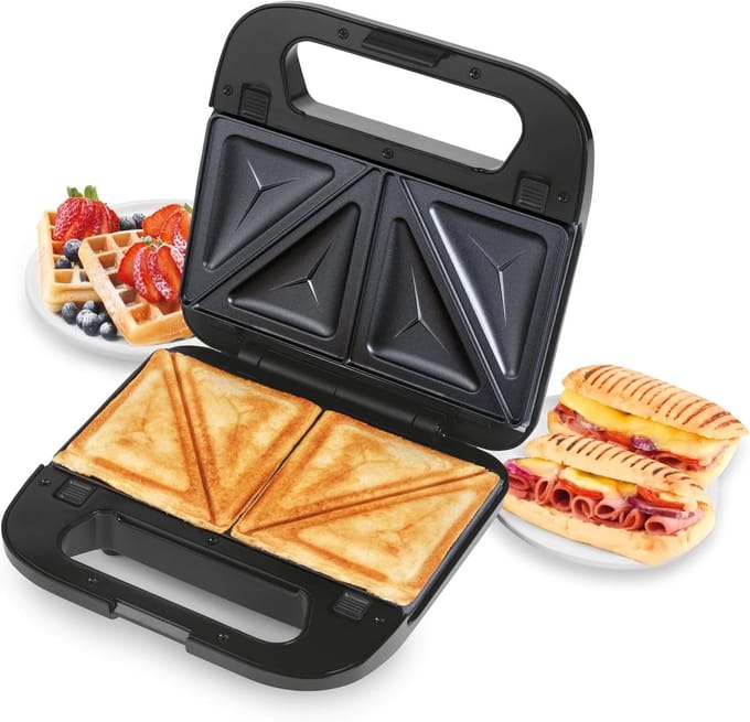 Snackmaker - Apparaat - Snacks Maken - 3-in-1 Verwisselbare Platen - 22.5 cm - Zwart