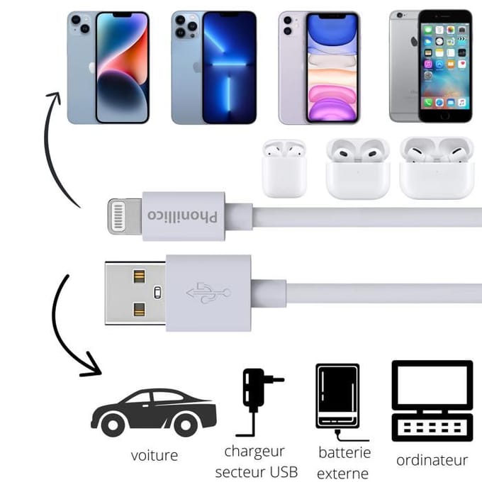 Cable 20cm USB Lightning Chargeur Blanc pour iPhone 14 / 13 / 12 / 11 / SE / X / XR / 7 / 8 / 6 / 5 / AirPods Phonillico