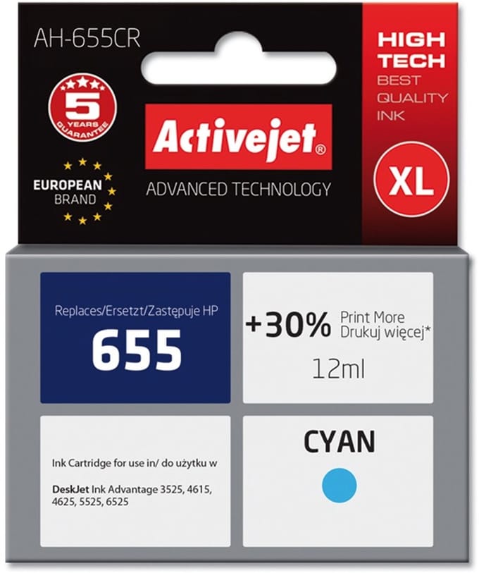 ActiveJet AH-655CR Inkt voor HP-printer; HP 655 CZ110AE vervanging; Premie; 12 ml; cyaan.