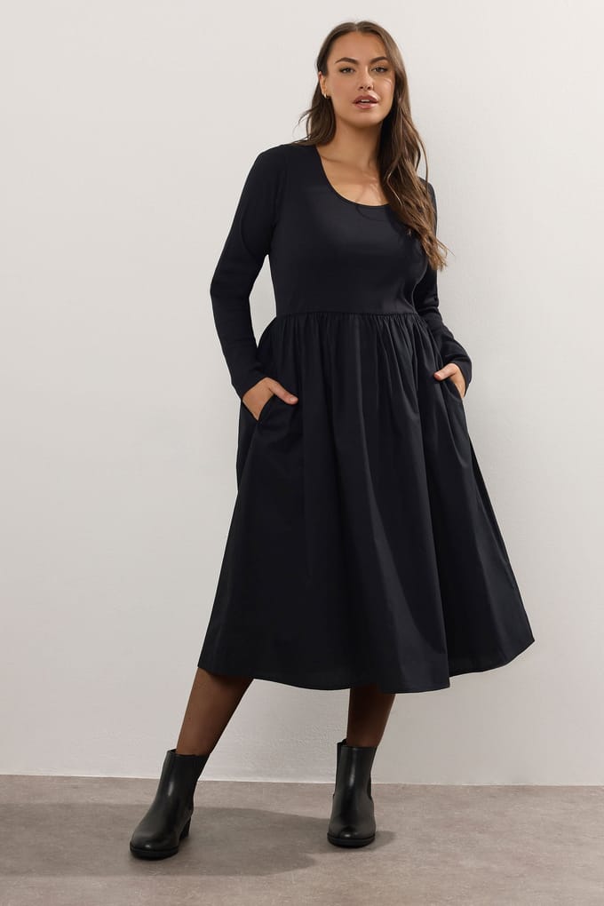 Yours Zwarte Gemengde Rib Midaxi Jurk Size 42
