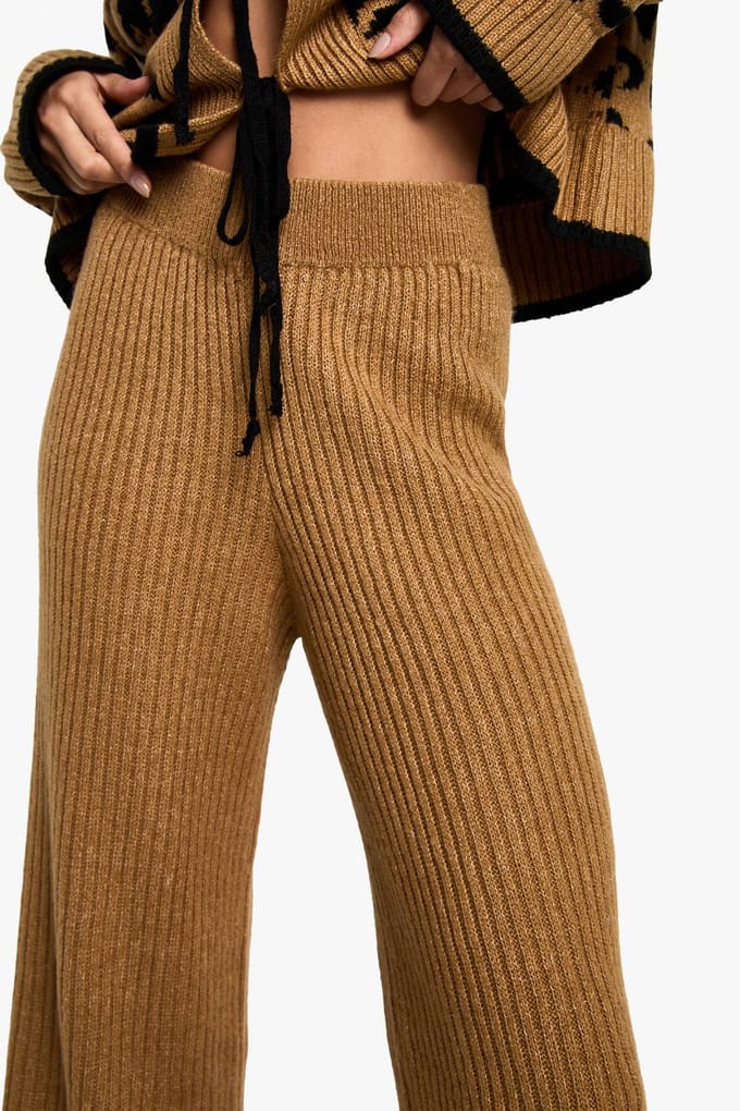 boohoo Dames Gebreide broek met contrasterende afwerking | Camel | Maat: Small/Medium