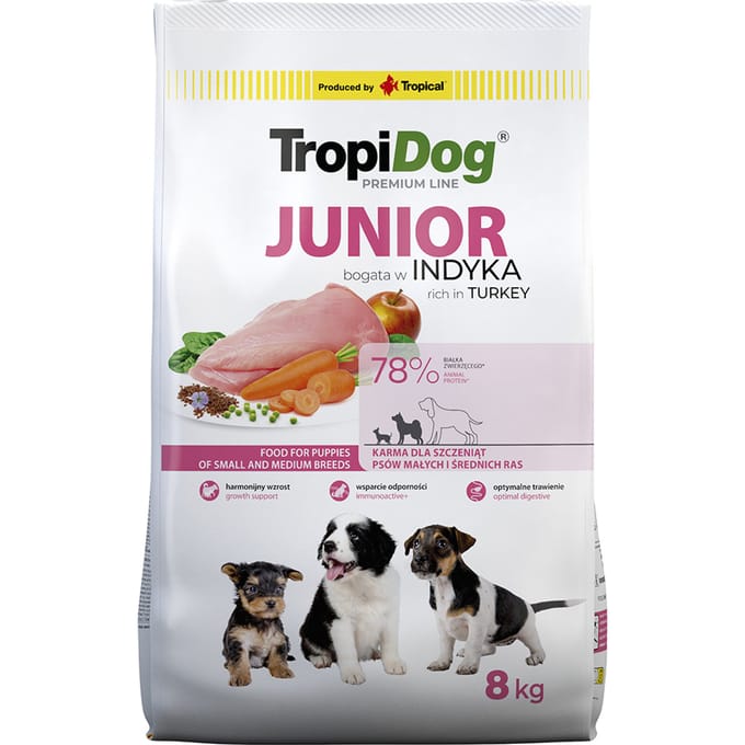 2x8kg Tropidog Premium Junior Small & Medium Droogvoer met kalkoen en rijst