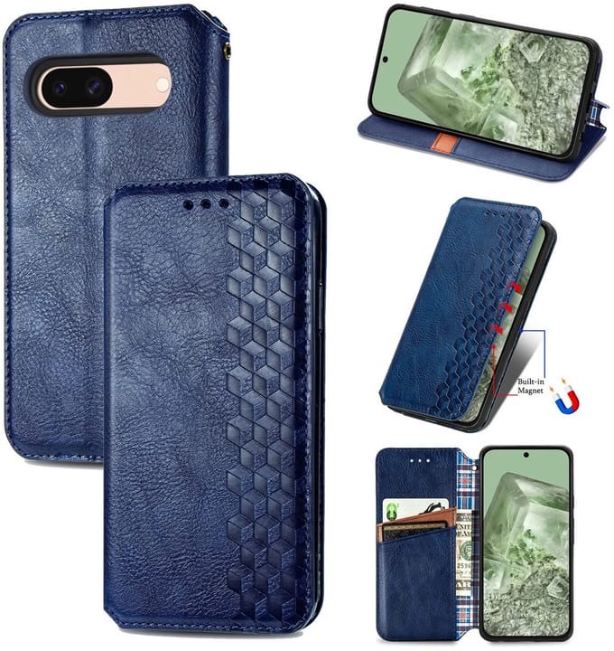 Luxe PU Lederen Ruitpatroon Wallet Case + Glas Screenprotector voor Google Pixel 8a _ Blauw