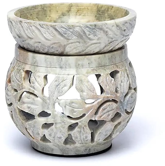 Multifunctionele brander gemarmerd zeepsteen bloemmotief – 11 cm x 12 cm
