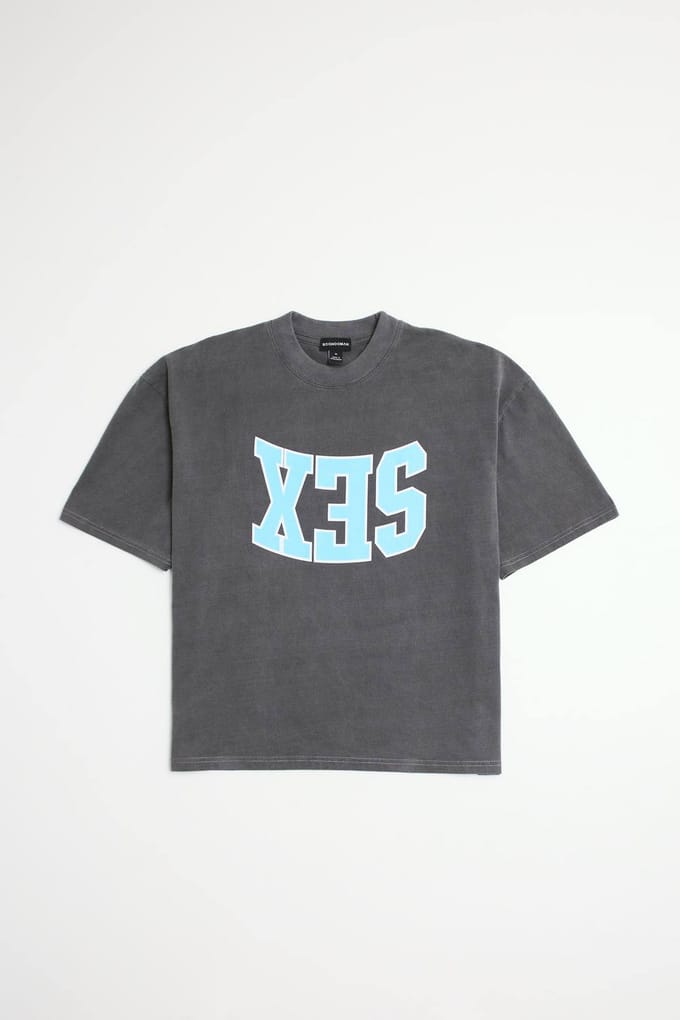 Oversized Boxy Heavyweight Gewassen Sex Slogan T-shirt | Grey | Size Medium