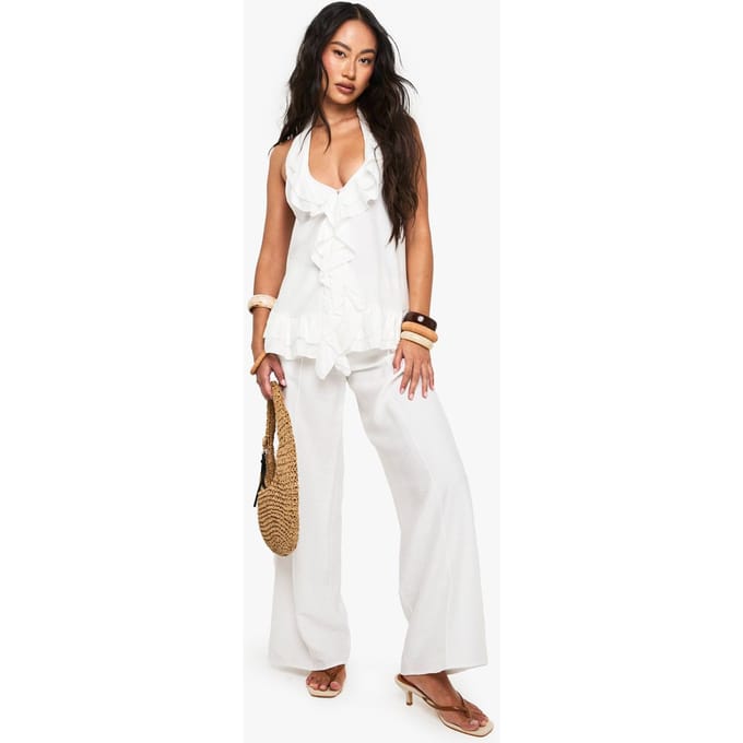 boohoo Dames Geweven Crinkle Naad Detail Wijde Pantalon | Wit | Maat: 36