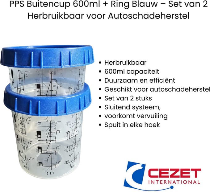 Verfbeker PPS Buitencup 600ml met Blauwe Ring – Duurzaam – Set van 2 – Vergelijkbaar met 3M – Autoschadeherstel