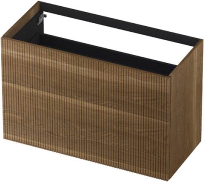 INK wastafelonderkast 2 laden greeploos push to open echt hout verticaal gefreesd 100x45x65cm, massief eiken ash grey