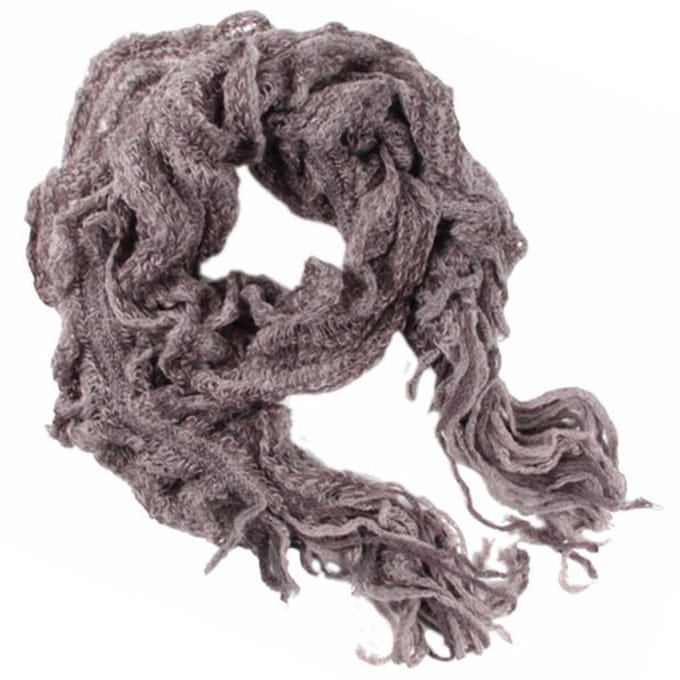 sjaal dames - licht bruin - los gebreid - met ruches - licht maar warm -180cm x 30cm