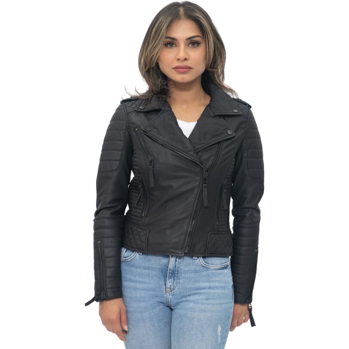 Dames leren gewatteerde vintage Brando bikerjack-Lusaka