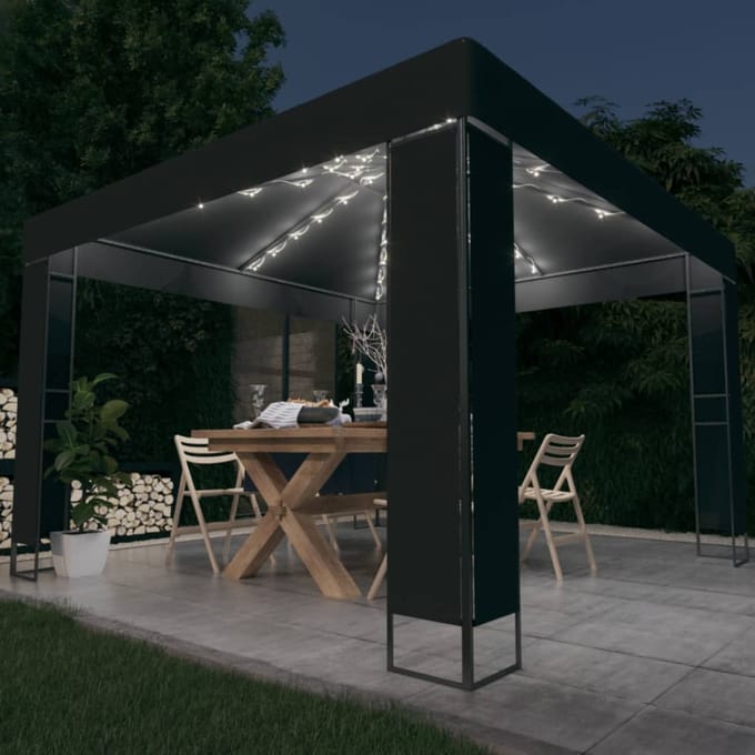 vidaXL - Prieel - met - dubbel - dak - en - LED-lichtslinger - 3x3 - m - antracietkleur
