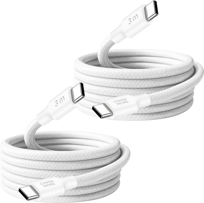 Sterke usb C naar usb C kabel 3 meter met quick en fast charging - 60w - Snellader - 2 stuks - Wit