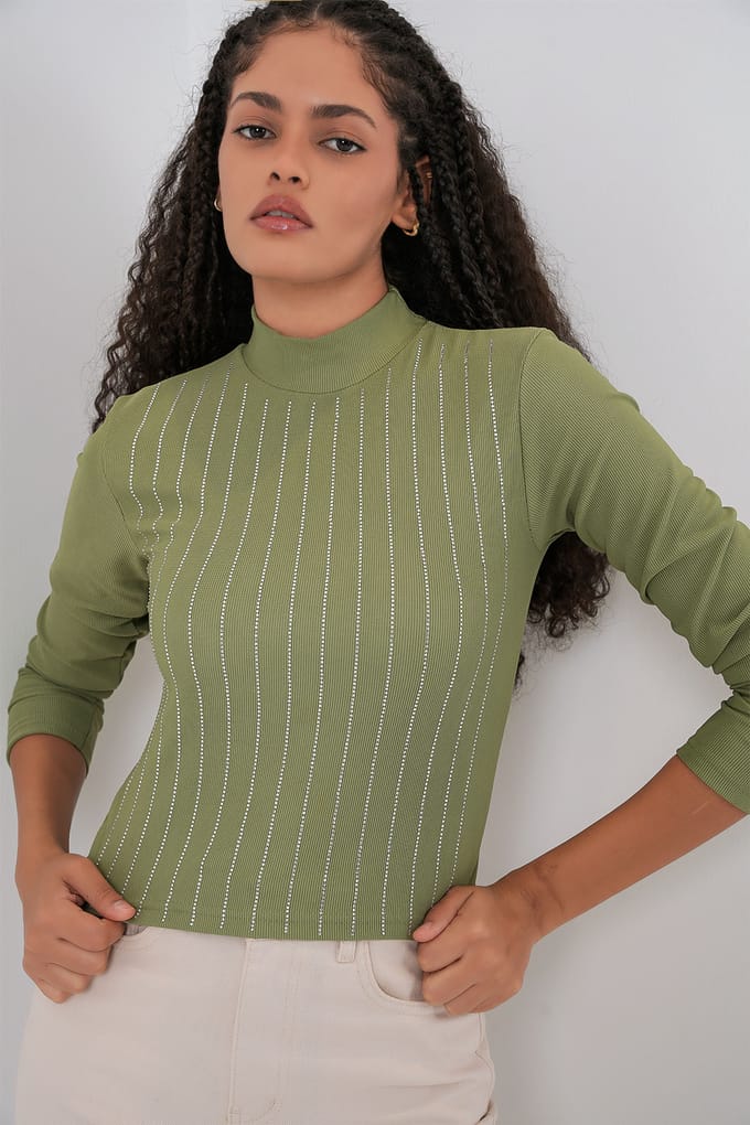 Gestreepte Halve Col Lange Mouwen Top met Steen Detail