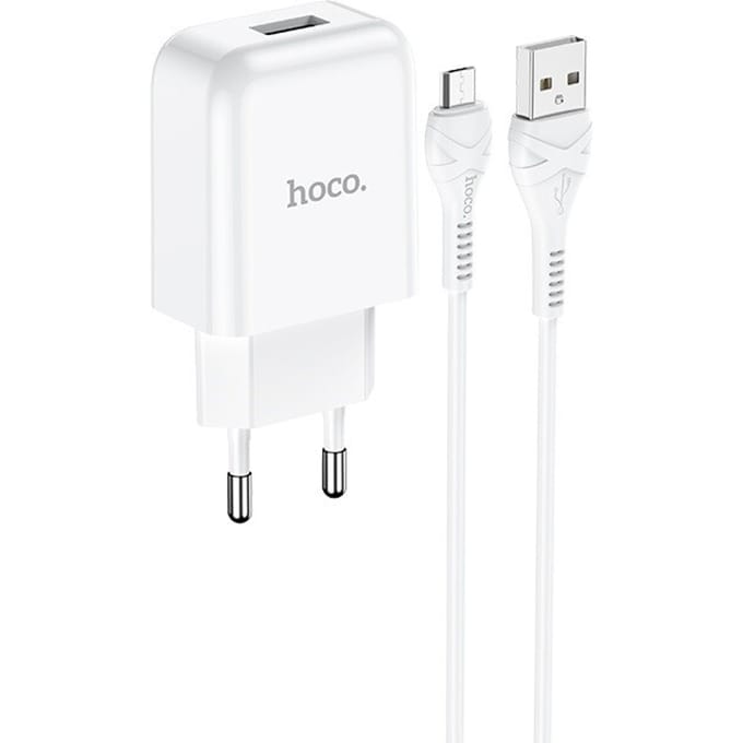 HOCO N2 Vigour - Compacte USB Oplader - Reislader - EU Plug - Universele 10W Lader + USB naar Micro-USB Kabel - Voor Samsung, Huawei, Android, etc. - Wit
