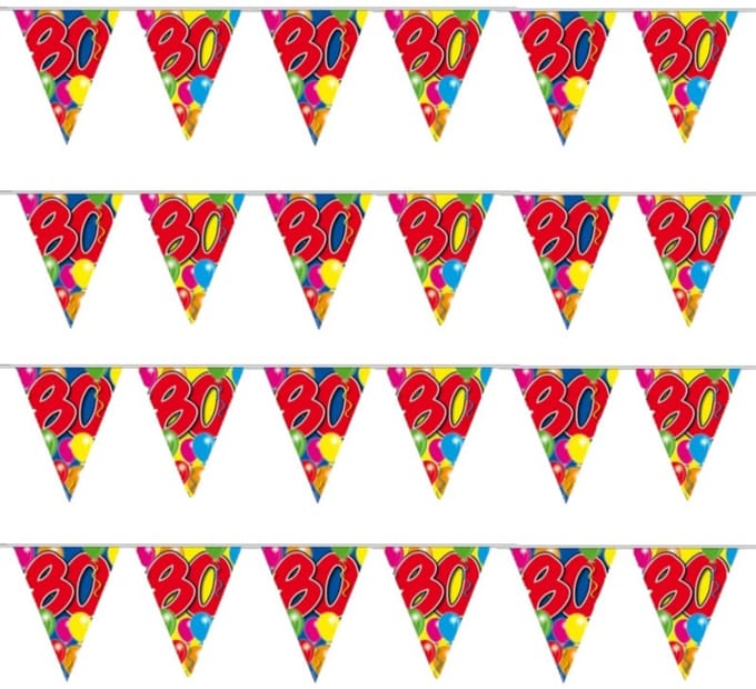 Vlaggenlijn 80 jaar - 4x stuks - 10 meter - plastic - 80e verjaardag slinger - vlaggetjes - leeftijd versiering