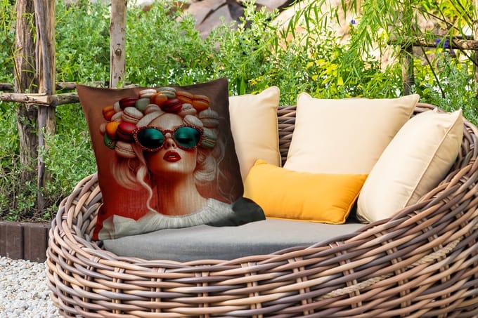 Sierkussen Buiten - Vrouw - Macarons - Bril - 60x60 cm - Weerbestendig