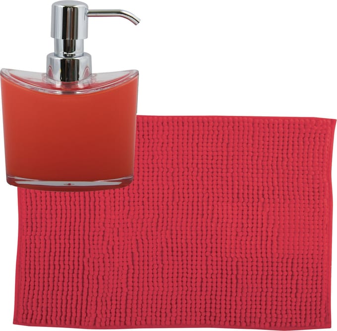 MSV badkamer droogloop mat/tapijtje - 40 x 60 cm - en zelfde kleur zeeppompje 260 ml - rood