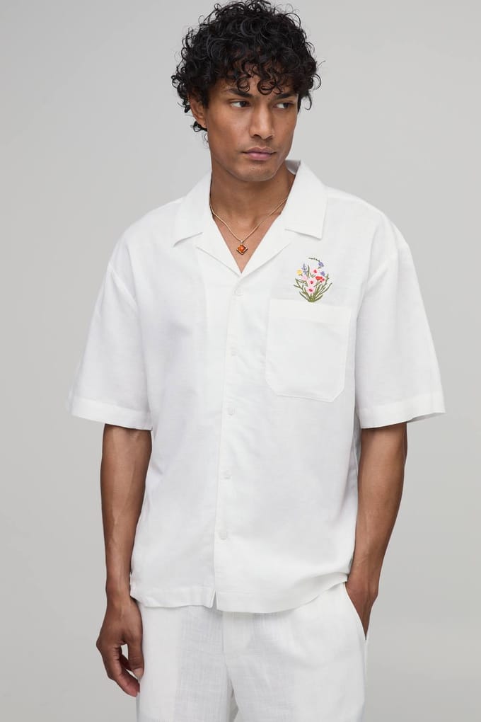 Oversized Linnen Blend Shirt Met Bloemenprint En Borstzak | White | Size Small