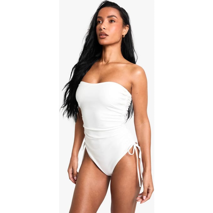 boohoo Dames Petite Swimwear Essentials Geraffte Badpak | White | Maat: 12