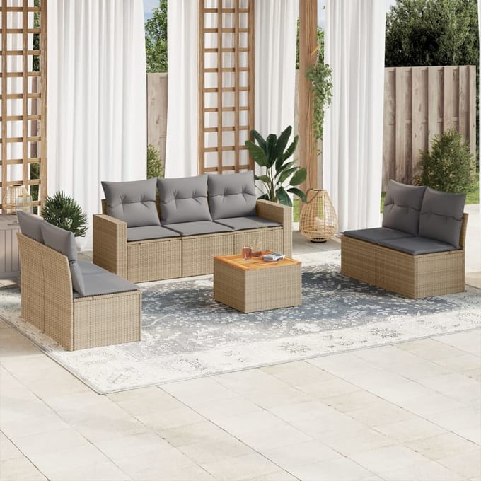 vidaXL - 8-delige - Loungeset - met - kussens - poly - rattan - beige