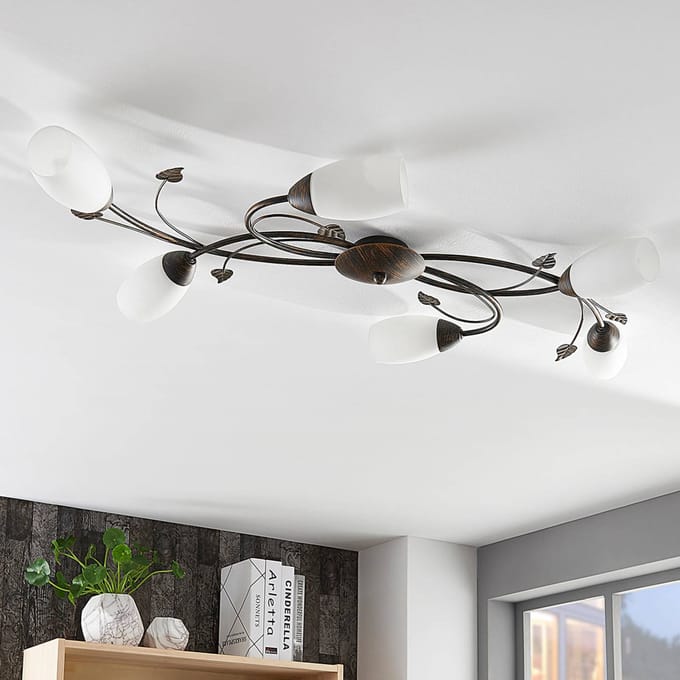 Lindby - plafondlamp - 6lichts - Glas, metaal - H: 12 cm - E14 - wit, geborsteld zwartgoud