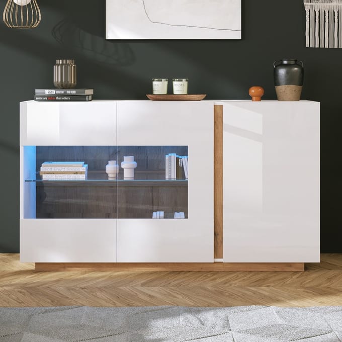 Commode - 138x38x90,5 cm - Hoogglans met Glas - Houten Onderstel en Opbergruimte - Spaanplaat - Wit