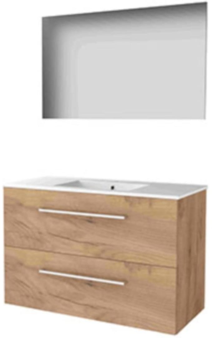 Basic-Line Basic 46 Badkamermeubelset - 100 x 46 cm - Met Grepen - 2 Lades - Keramische Wastafel - 1 Kraangat - Spiegel - Whisky Oak