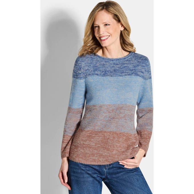 Pullover met blokstreepmotief - lichtblauw / camel / gedess. - Gr. 19 van Goldner Fashion