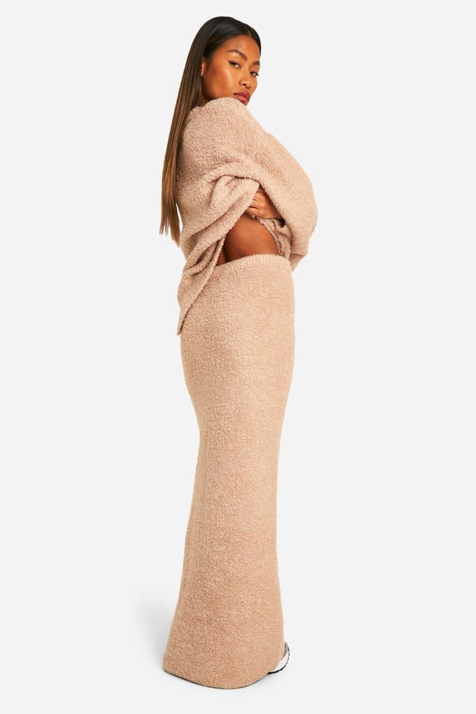 boohoo Dames Borg Gebreide Loszittende Maxi Rok | Camel | Maat: Medium