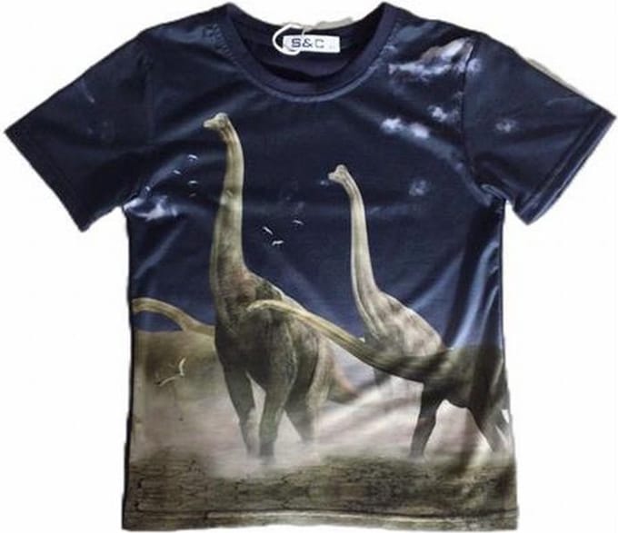 S&C Dinosaurus Shirt - Diplodocus - Donkerblauw - Maat 122/128 (8 jaar)
