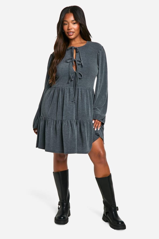boohoo Dames Plus Two Tone Rib Tie Front Smock Jurk | Grijs | Maat: 46
