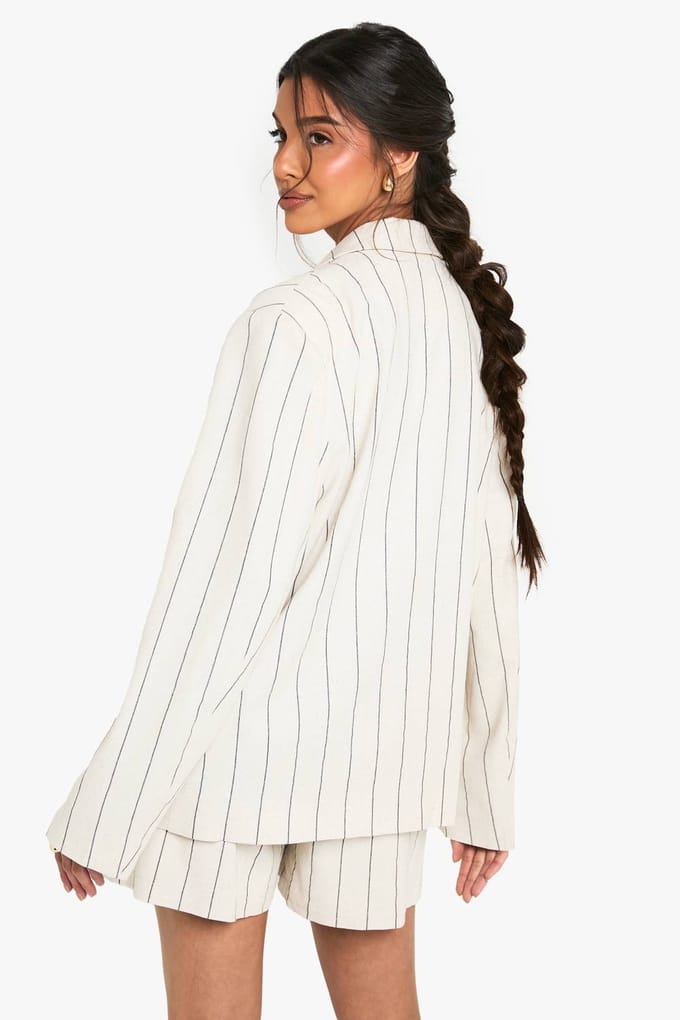 boohoo Dames Op maat gemaakte linnen-look gestreepte oversized blazer | Stone | Maat: 10