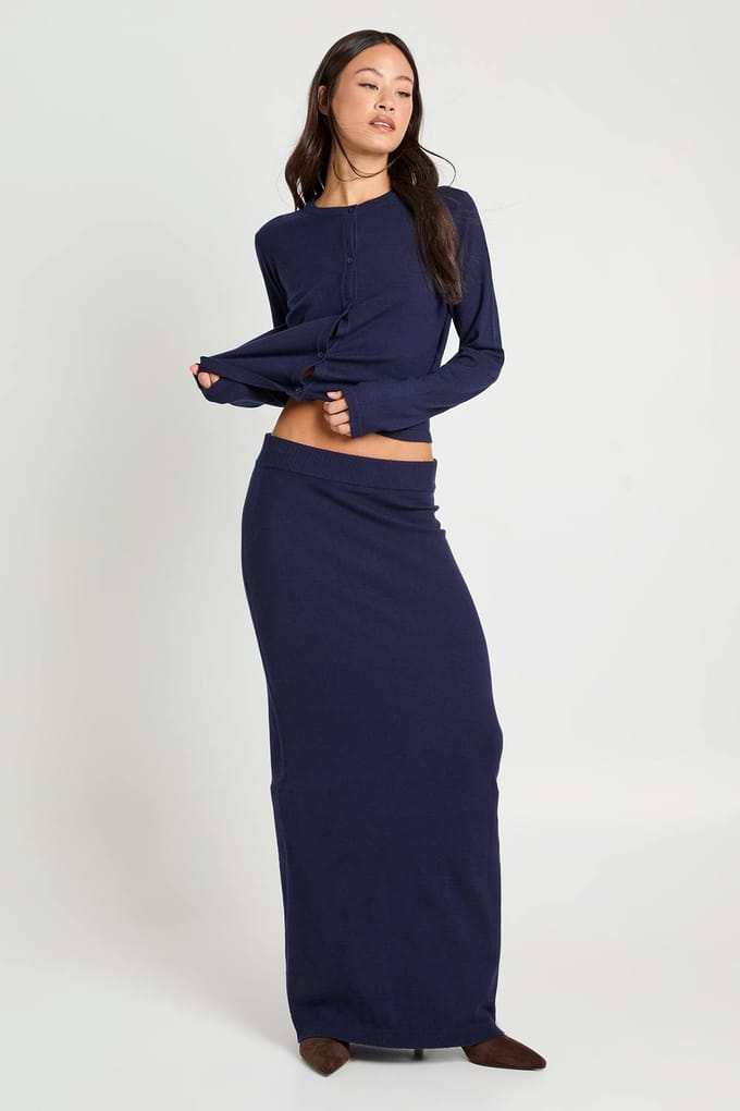 boohoo Dames Hoge Ribgebreide Maxi Rok | Navy | Maat: 12