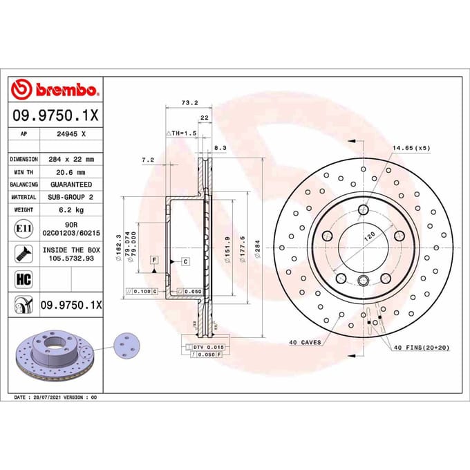 Remschijf BREMBO 09.9750.1X, 1 stuk