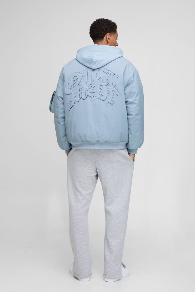 Bomberjack met capuchon in oversized pasvorm met PU-applique van nylon | Slate Blue | Size Medium