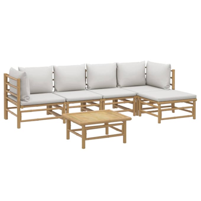 vidaXL - 6-delige - Loungeset - met - kussens - bamboe - lichtgrijs