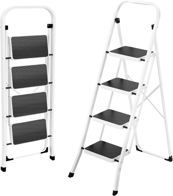 Huishoudtrap 4 Treden - Keukentrap - Inklapbaar - Antislip - Extra Stevig - Wit met Zwart