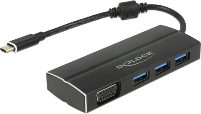 Premium USB-C naar VGA adapter met 3-poorts USB hub en DP Alt Mode (1920 x 1200) / zwart - 0,15 meter