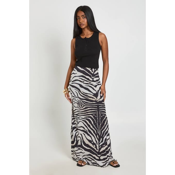 boohoo Dames Maxi Mesh Rok Met Zebraprint | Zwart | Maat: 38