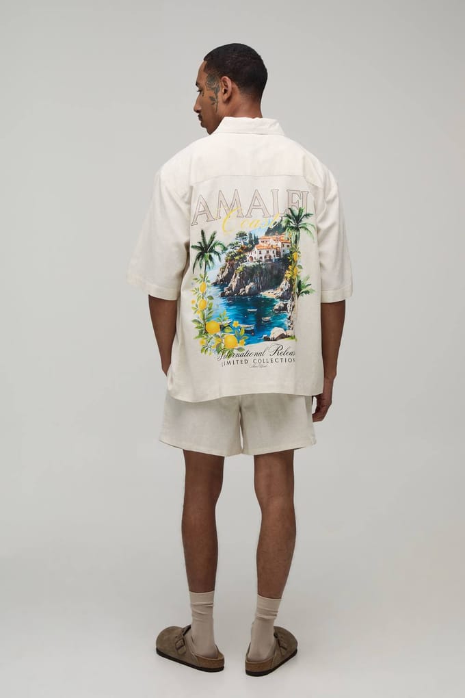 Oversized Shirt Met Korte Mouwen En Relaxed Short Met Locatieprint | Natural | Size Medium