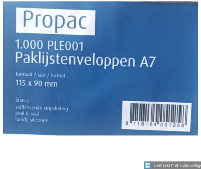 Paklijstenvelop A7 - 115x90mm - 1000 Stuks - Envelop - Paklijst - Propac - Zelfklevend - Blanco