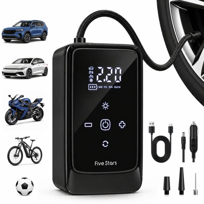 Five Stars® Compressor Bandenpomp - Draadloos & 12V - Draagbare Luchtcompressor - Voor Auto, Motor en Bal